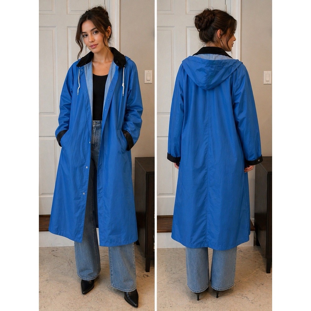 Vintage Acadia Blue Raincoat Hooded Slicker Corduroy Collar Long Sz XL Waterproo